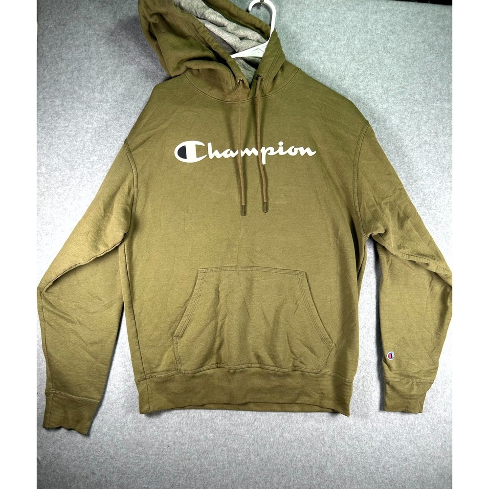 Champion Hoodie Mens Medium Olive Green Cotton Spellout Graphic Kangaroo Pockets